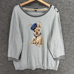 New Talbots Sweater Pullover Women 3X Plus Gray Dog Print Knit 3/4 Sleeve Cotton